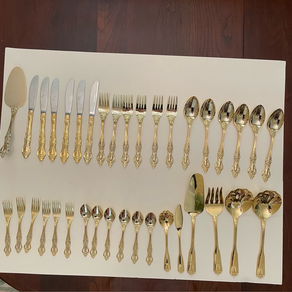Elegant Vintage Gold Plated Stainless Steel Flatware Set 37 pieces